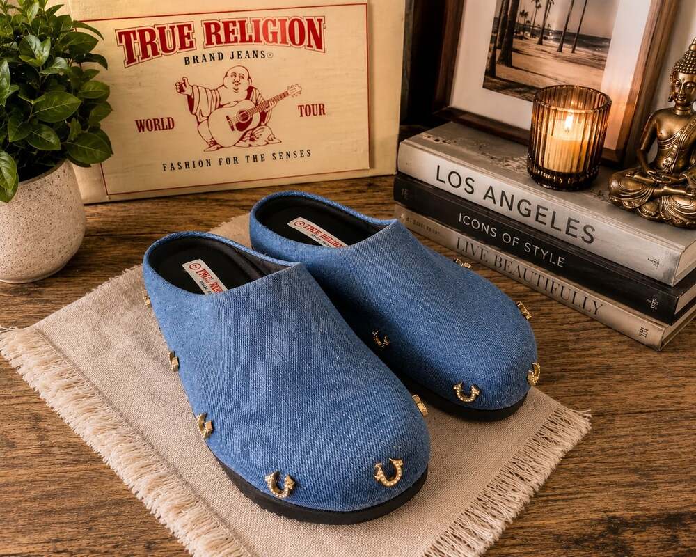 New True Religion Women's Denim Clog Mule Shoes Blue Jeans Gold Horseshoe 7